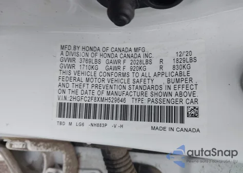 2021 Honda Civic Sport из США, поврежденный, VIN 2HGFC2F8XMH529646